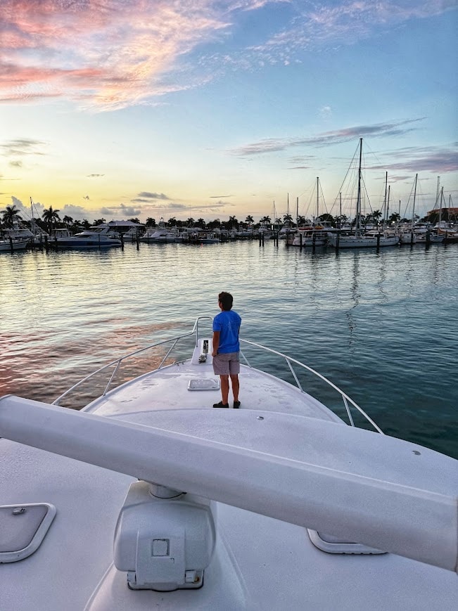 View from the bow of Smokin Fish at sunset